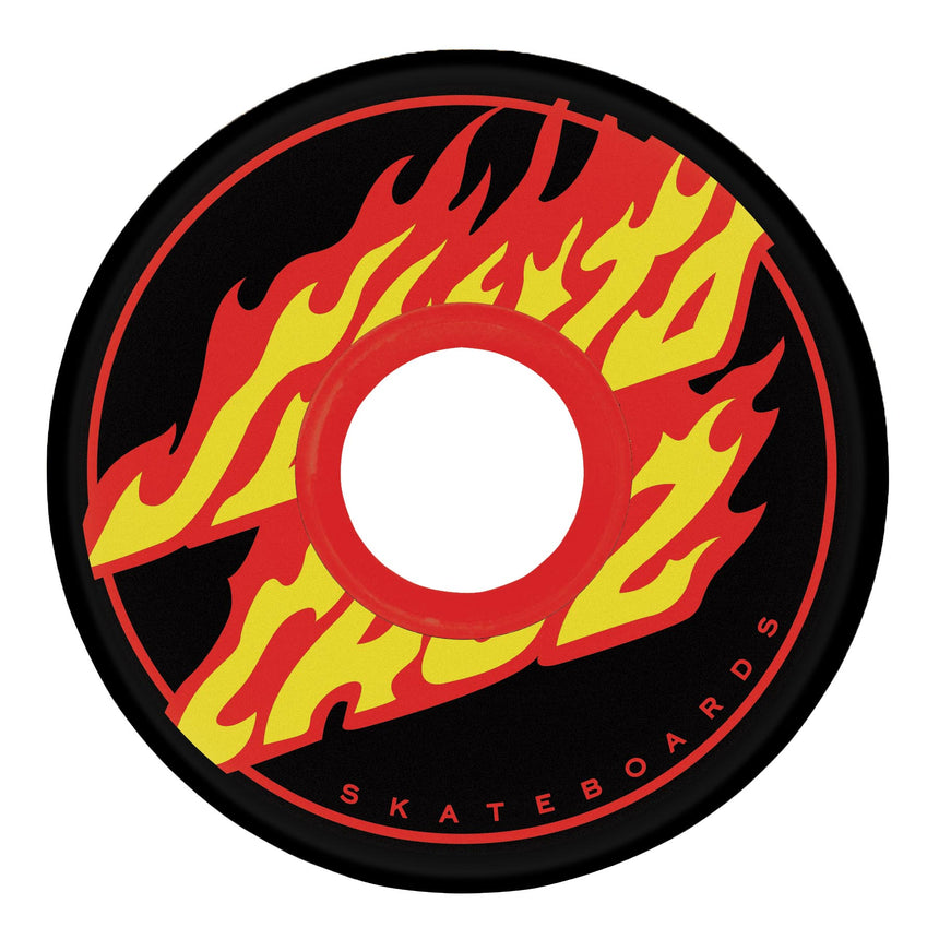 Skateboard wheel with red and yellow flames on a black background
