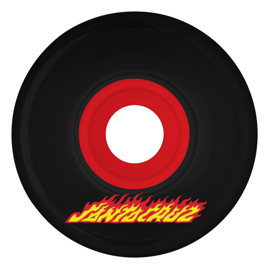 Vinyl record with a red center and flame design on a white background