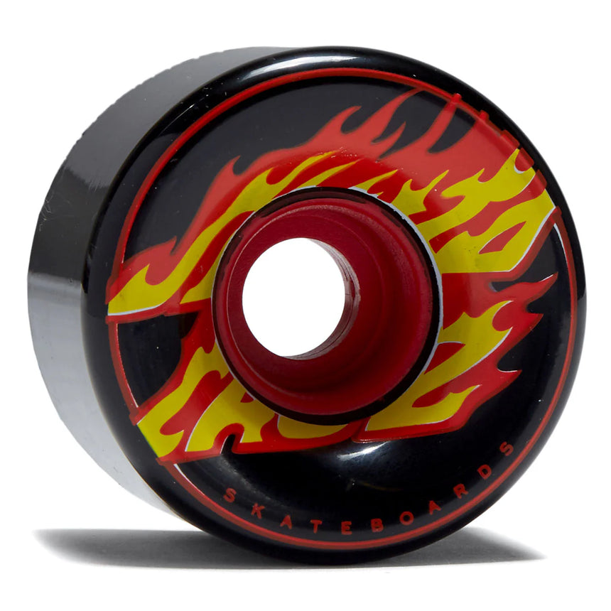 Skateboard wheel with black rim, red center, and yellow flames on a white background