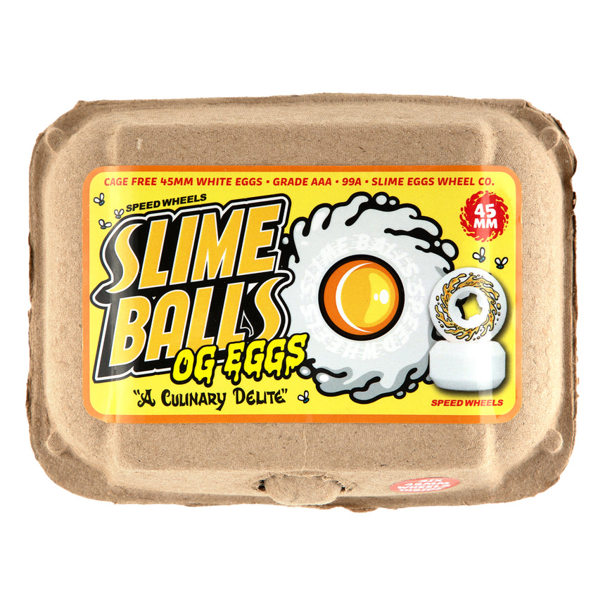 Cardboard egg carton with 'Slime Balls OG Eggs' label on a white background