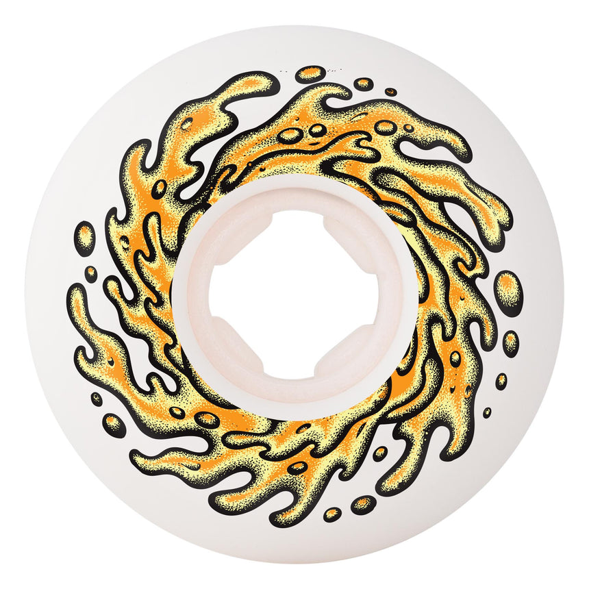 Skateboard wheel with orange and black flame design on a white background