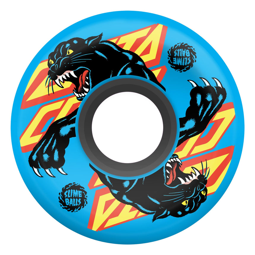 Skateboard wheel with black panther design on a blue background