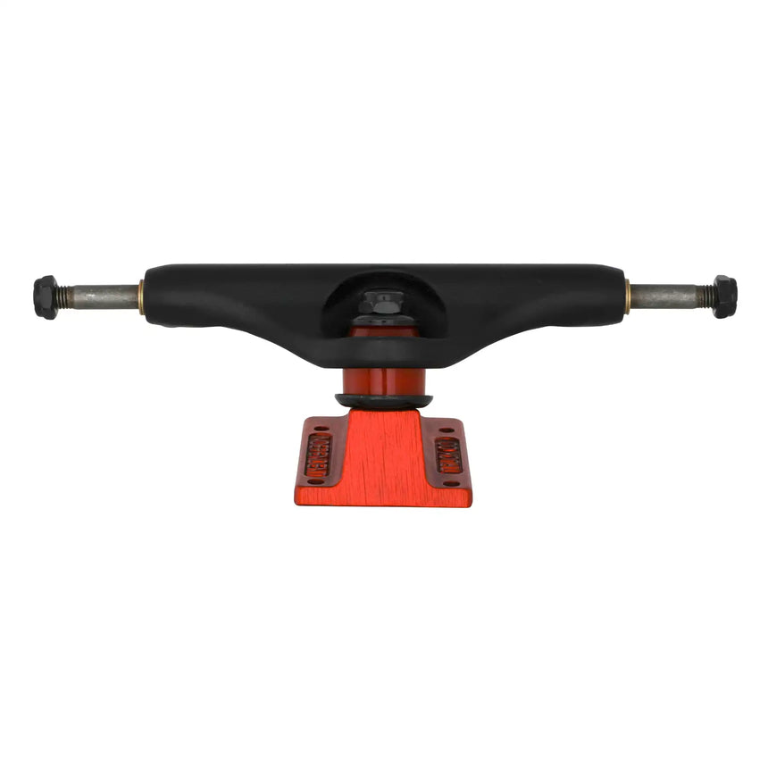 Black skateboard truck with red trucks on a white background