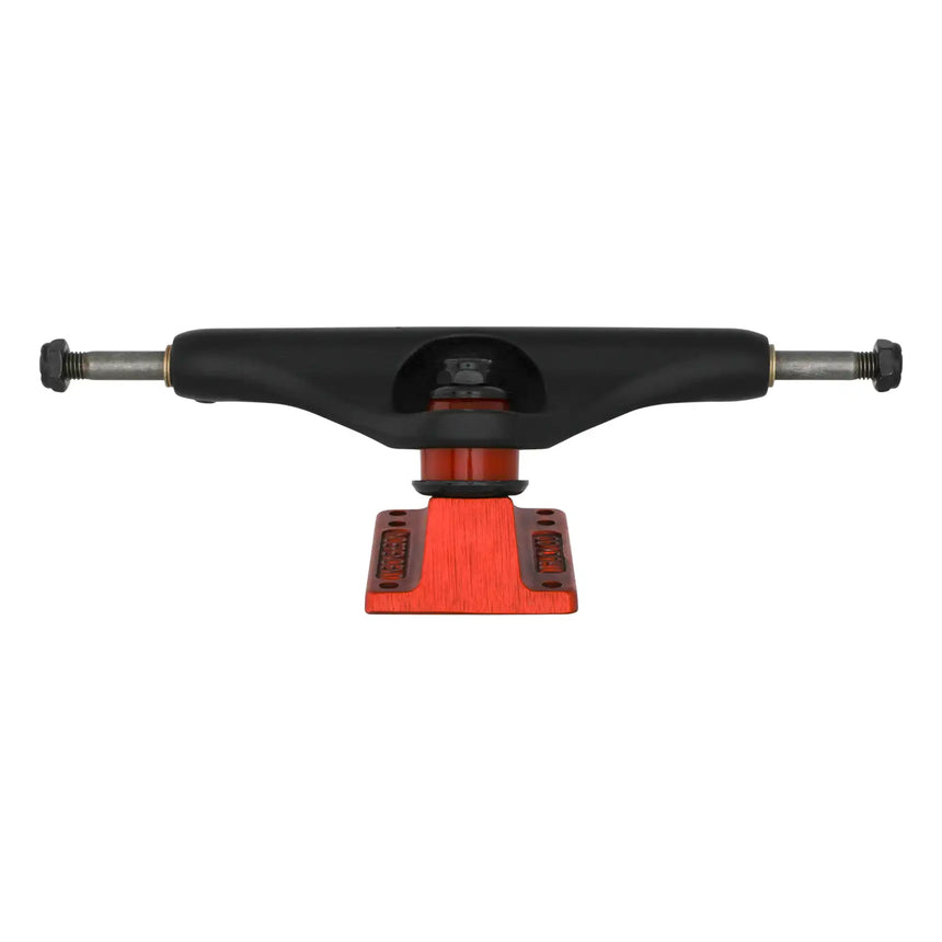 Black and red skateboard truck on a white background
