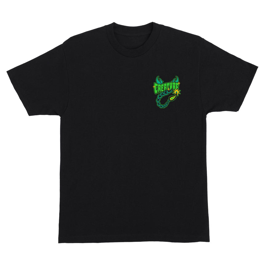 Black t-shirt with a green and yellow logo on a white background