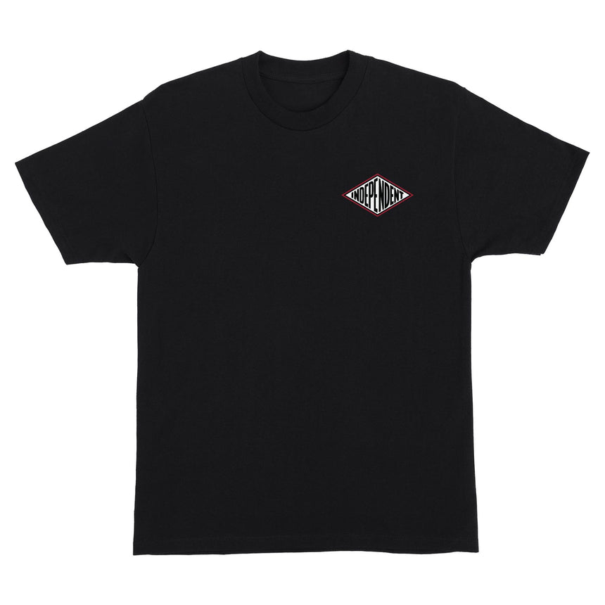 Black t-shirt with a red and white logo on a white background