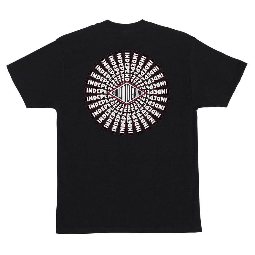 Black t-shirt with a circular logo and text on the back, on a white background