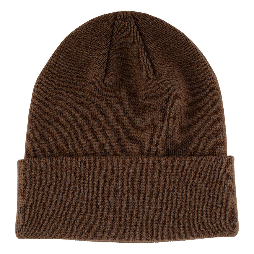 Brown knit beanie on a white background
