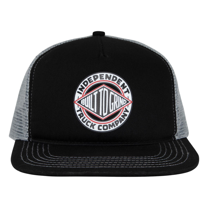Black and gray trucker hat with a logo on a white background