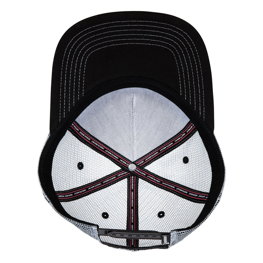Black and gray cap with a mesh back on a white background