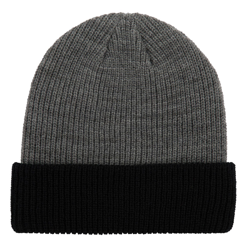 Gray knit beanie with black band on a white background