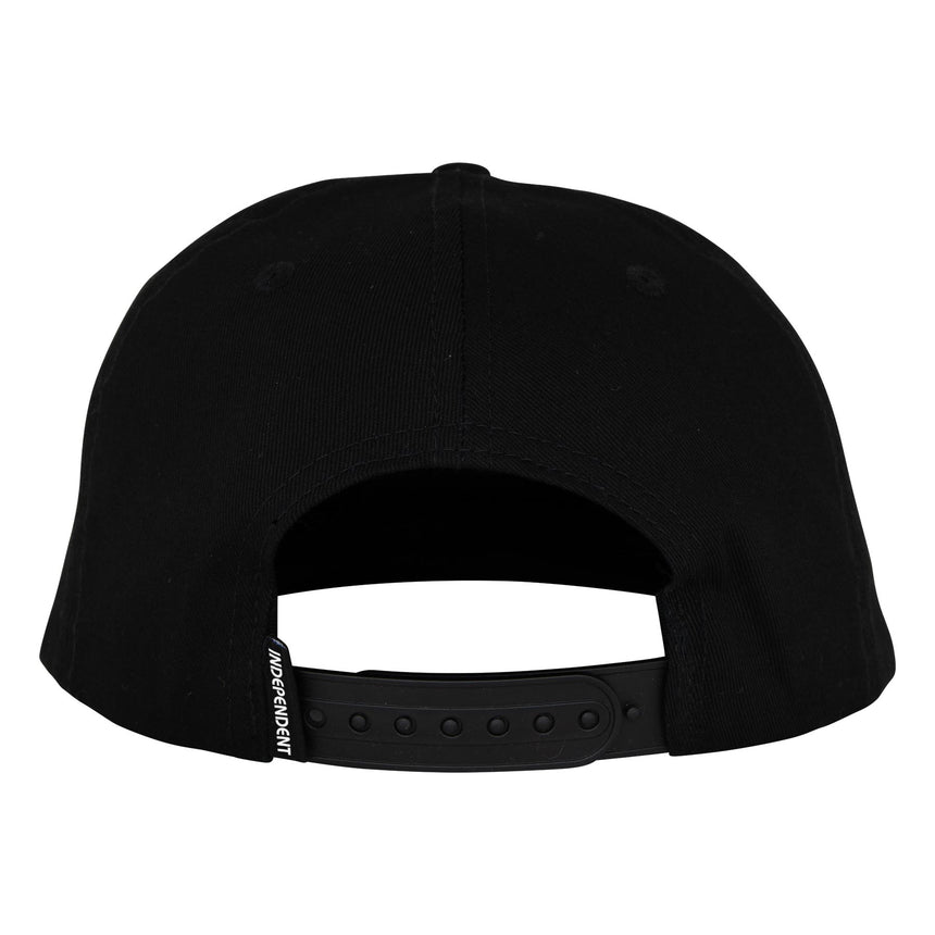Black cap with a brand logo on the back against a white background