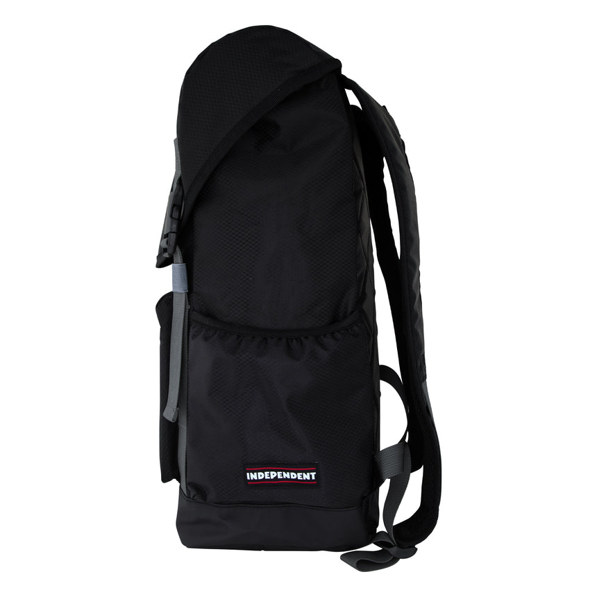 Black backpack with a visible brand logo on a white background