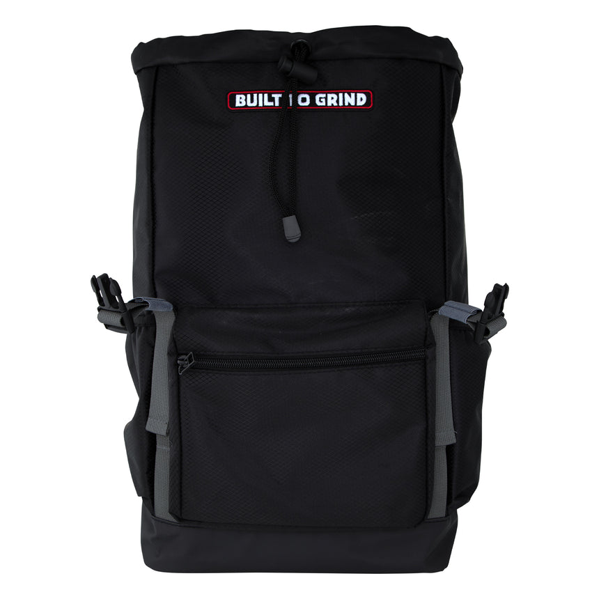 Black backpack with 'Built to Grind' logo on a white background