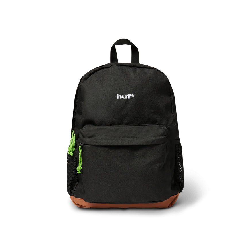 Black backpack with a brand logo on a white background