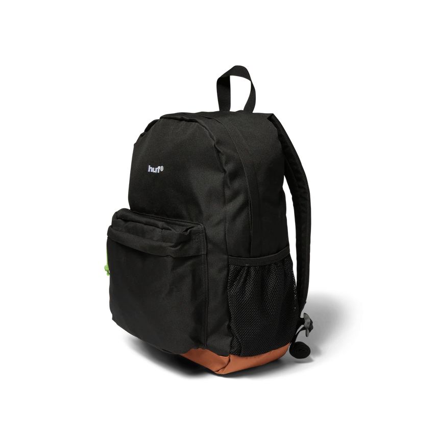 Black backpack with a brand logo on a white background
