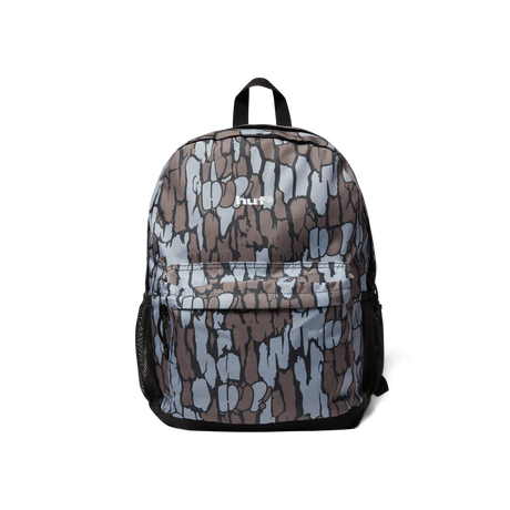 Camouflage-patterned backpack with a brand logo on a white background