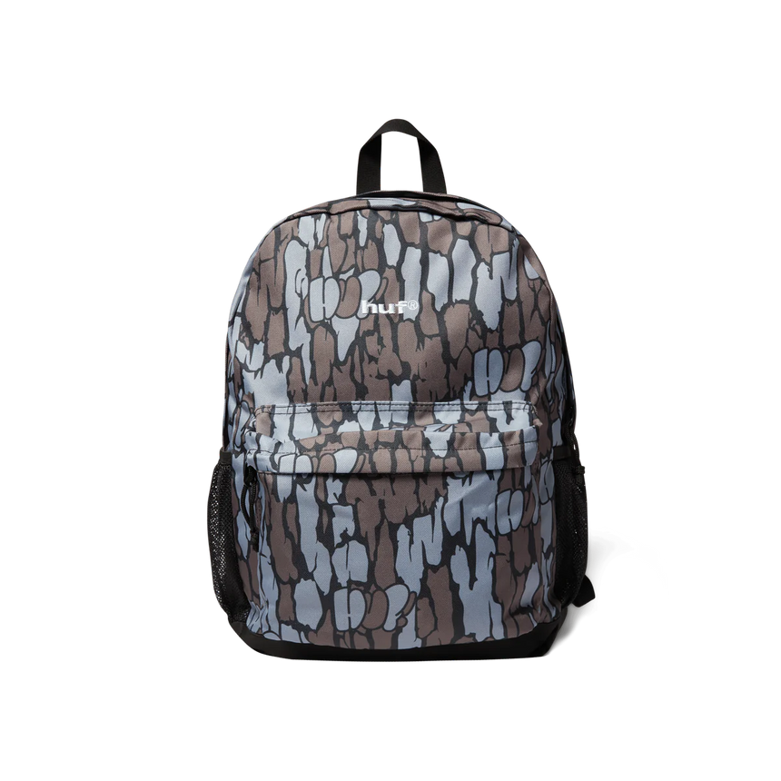 Camouflage-patterned backpack with a brand logo on a white background