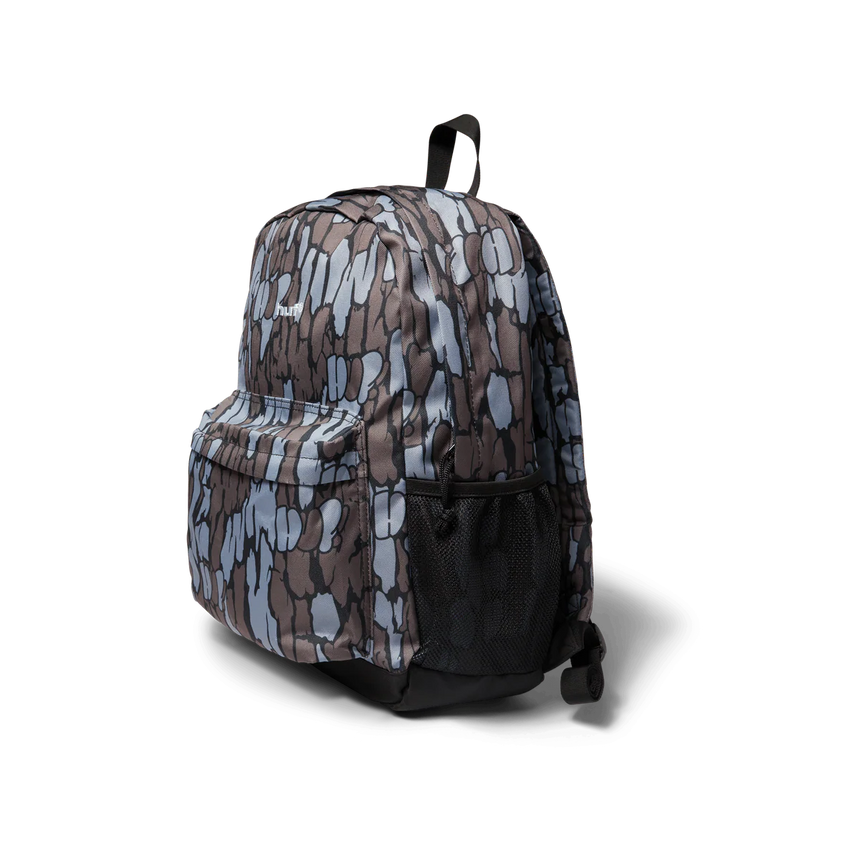 Camouflage-patterned backpack on a white background