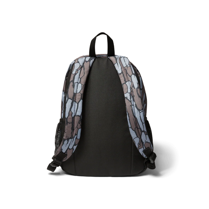 Black backpack with patterned straps on a white background