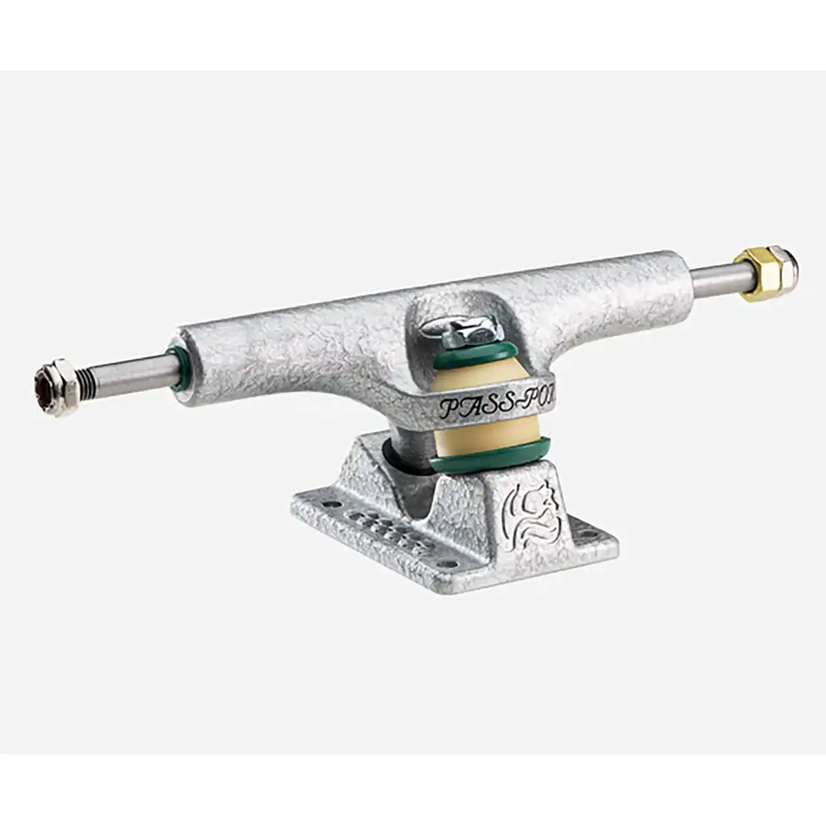 Skateboard truck with metallic finish on a white background