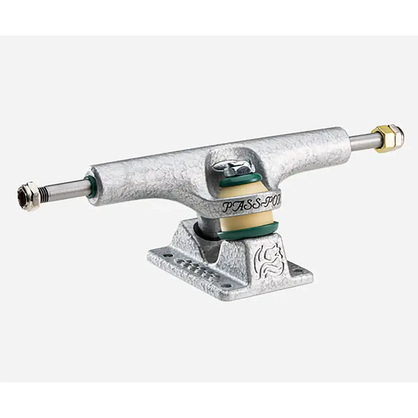 Skateboard truck with metallic finish on a white background