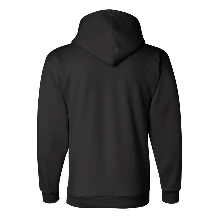Black hoodie shown from the back on a white background