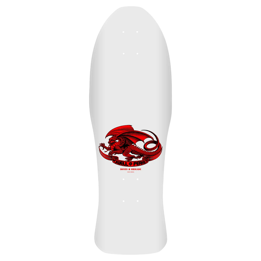 White skateboard deck with red and black scorpion graphic on a white background