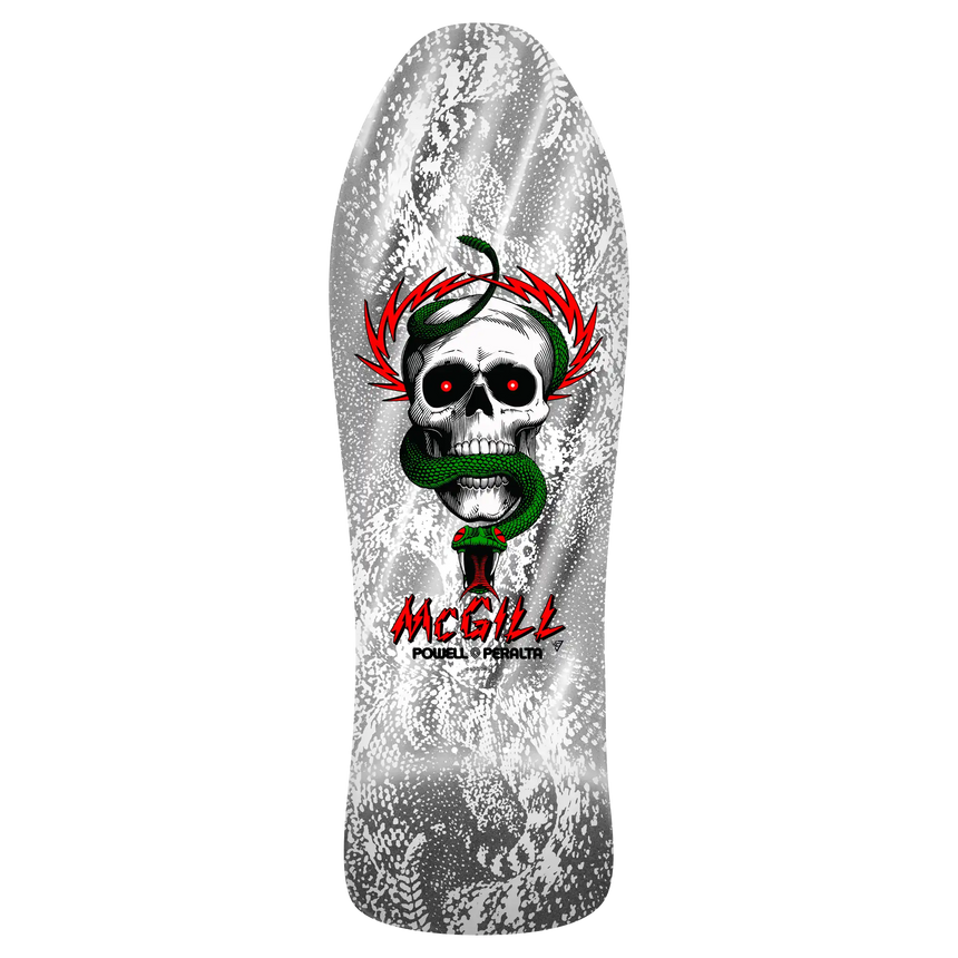 Skateboard deck with a skull and snake design on a white background