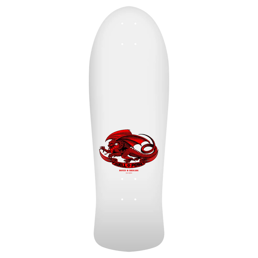 White skateboard deck with red and black graphic design on a white background