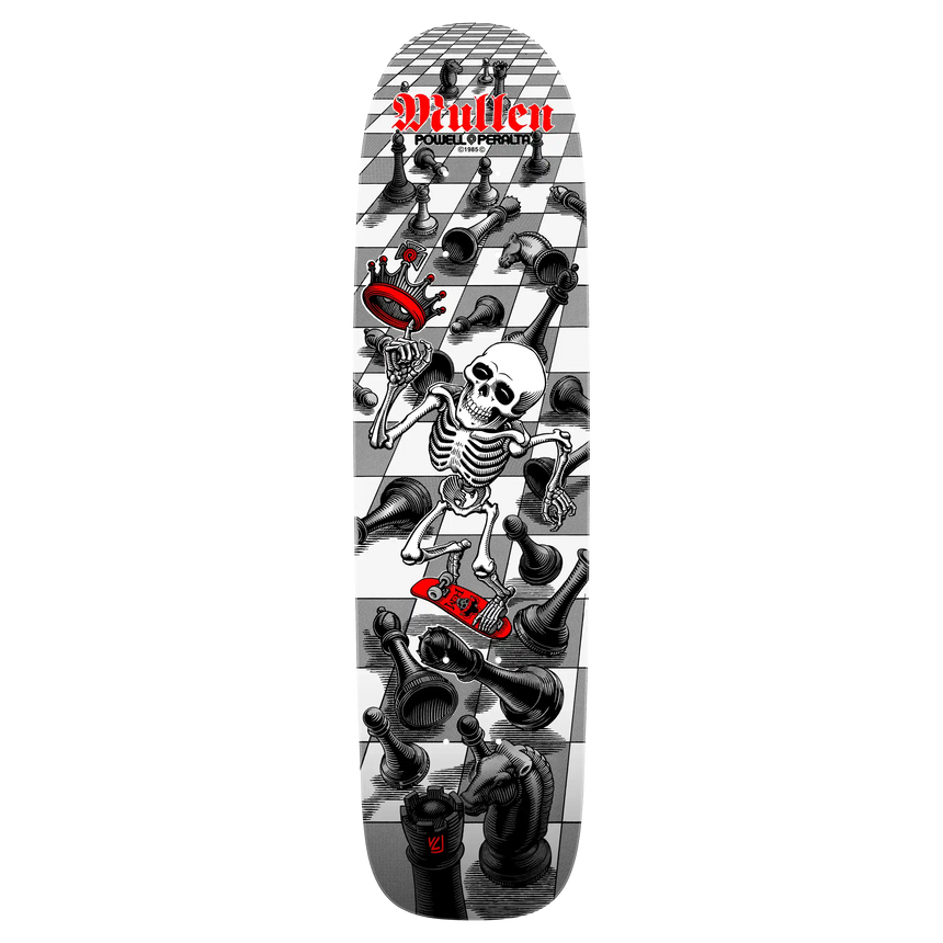 Skateboard deck with skeleton and checkered pattern on a white background