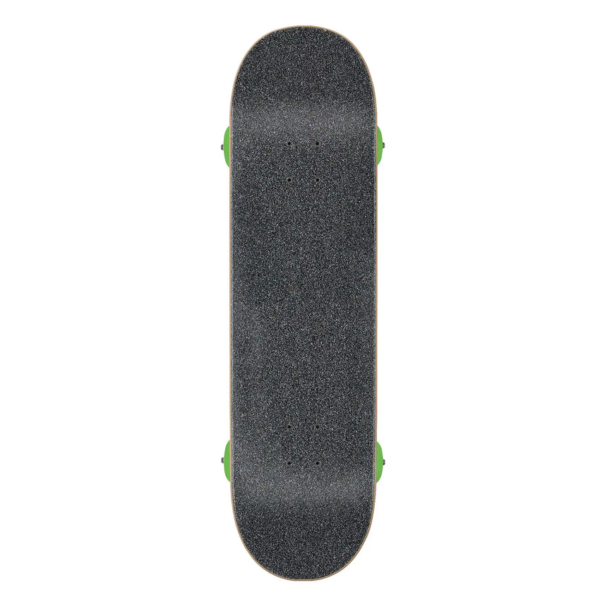 Black skateboard deck with green trucks on a white background