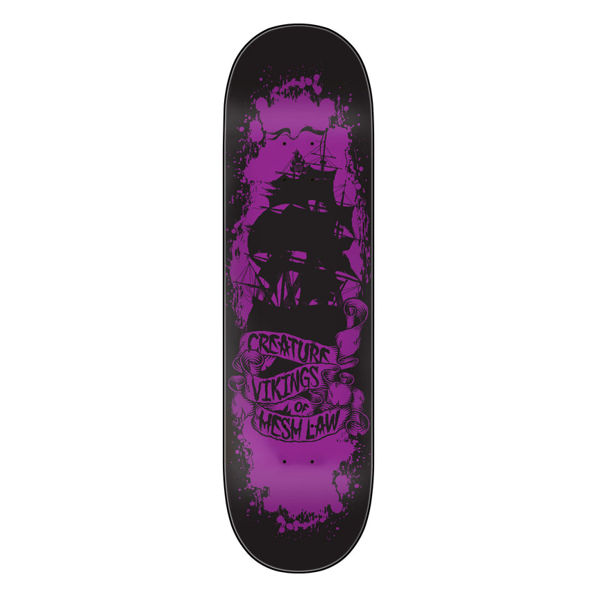 Skateboard deck with purple and black design on a white background