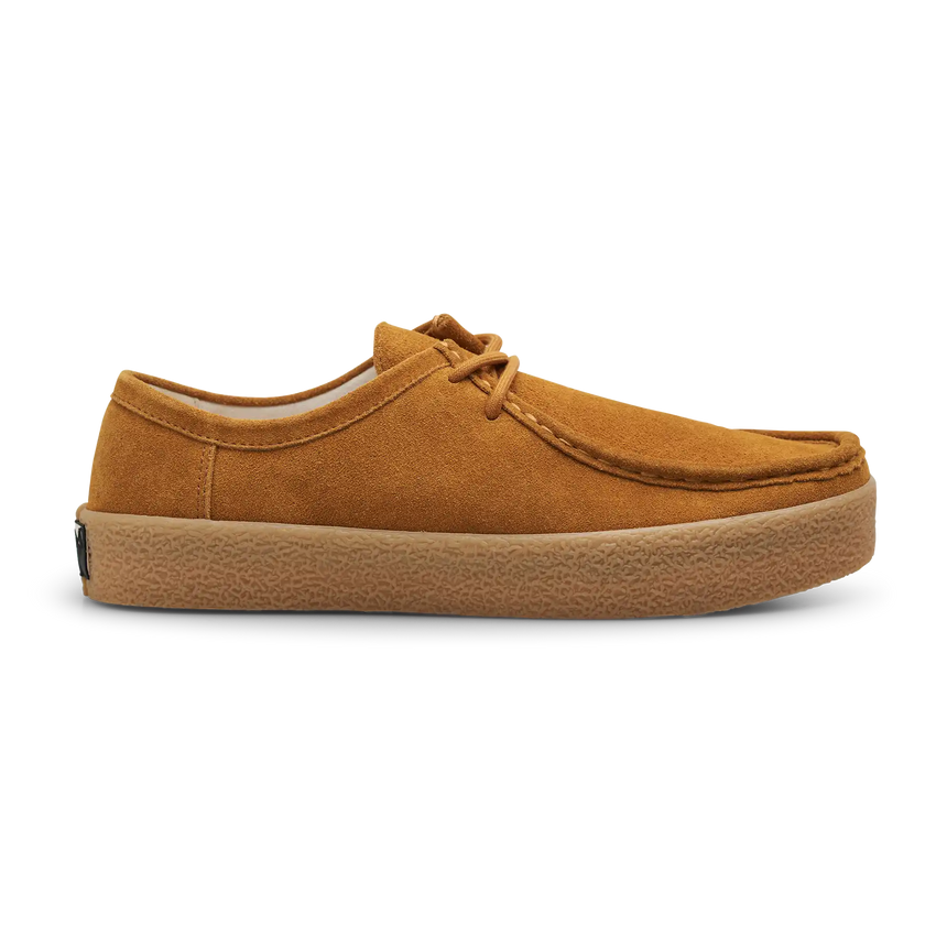 Brown suede shoe with a white sole on a white background