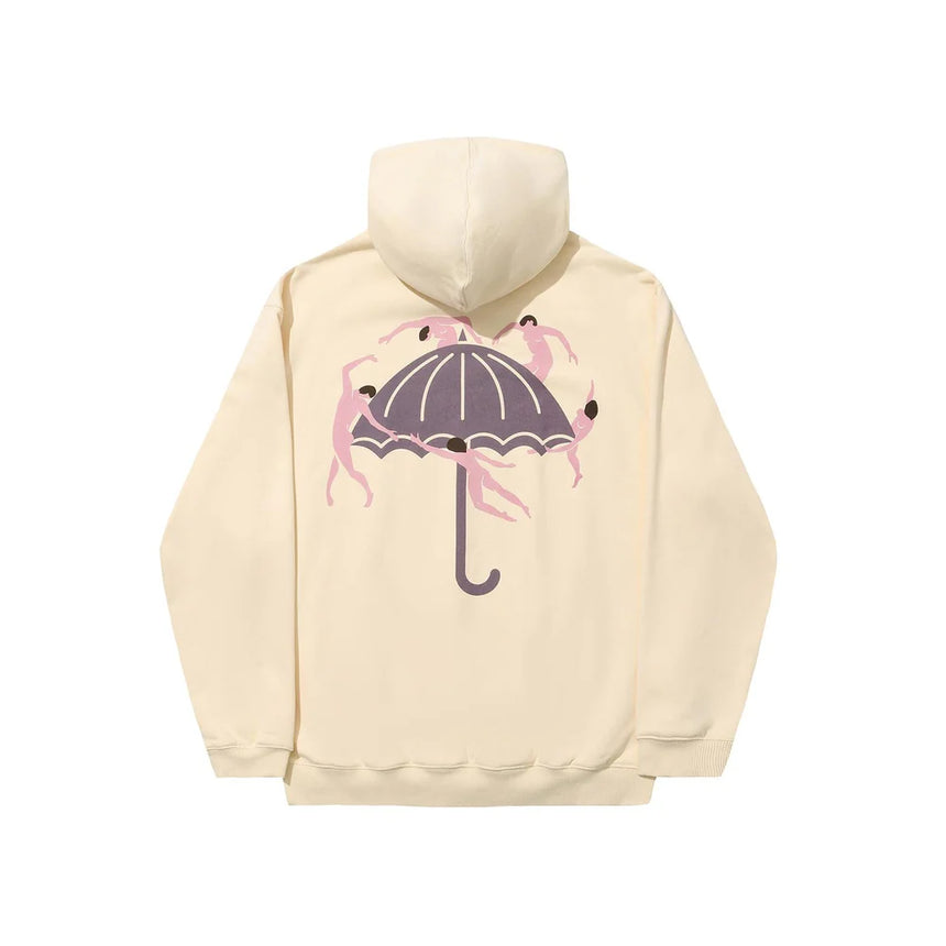 Beige hoodie with pink humans and purple umbrella design on a white background