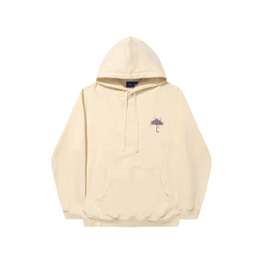 Beige hoodie with a small logo on a white background