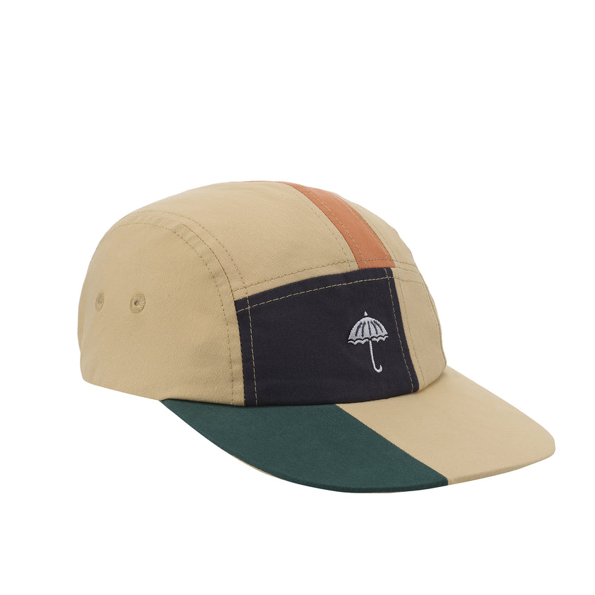 Color-blocked cap with a small umbrella logo on a white background