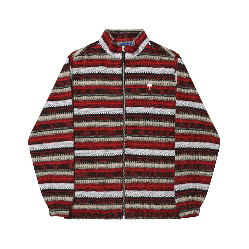 Striped jacket with red, white, and brown pattern on a white background