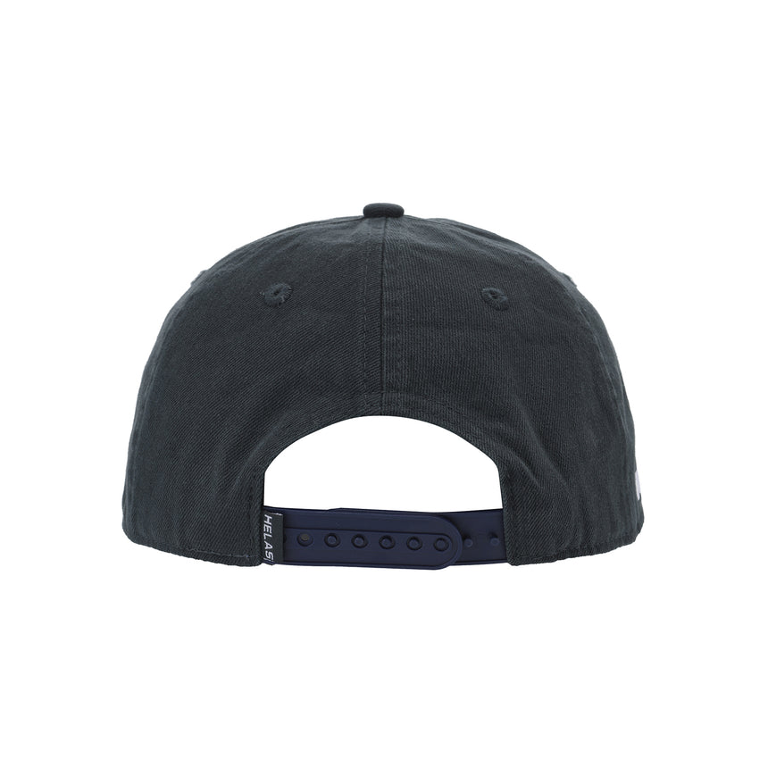 Black cap with a brand logo on the back against a white background