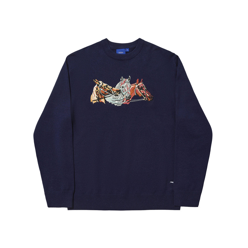 Navy blue sweater with horse graphic on a white background