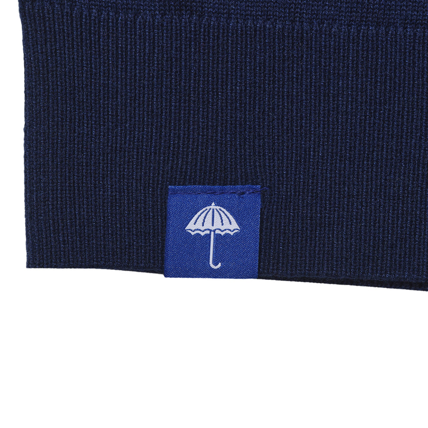 Navy blue fabric with a blue label featuring an umbrella icon on a white background