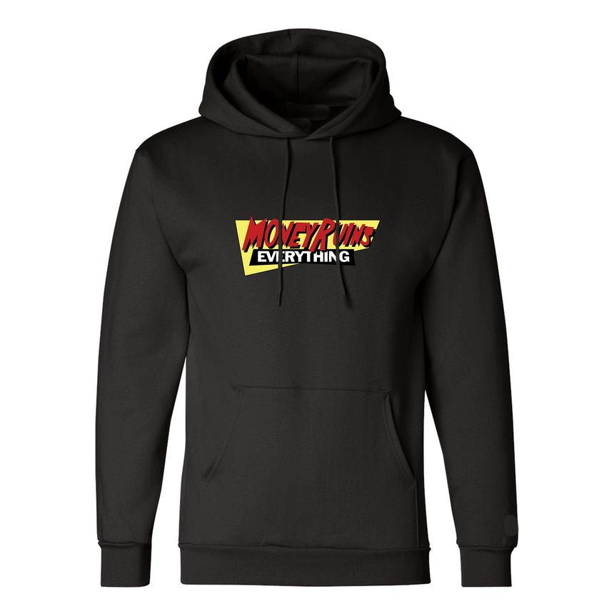 Black hoodie with colorful text design on a white background