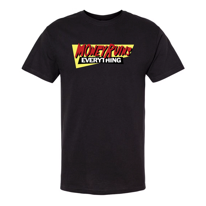 Black t-shirt with 'Money Puns Everything' graphic on a white background