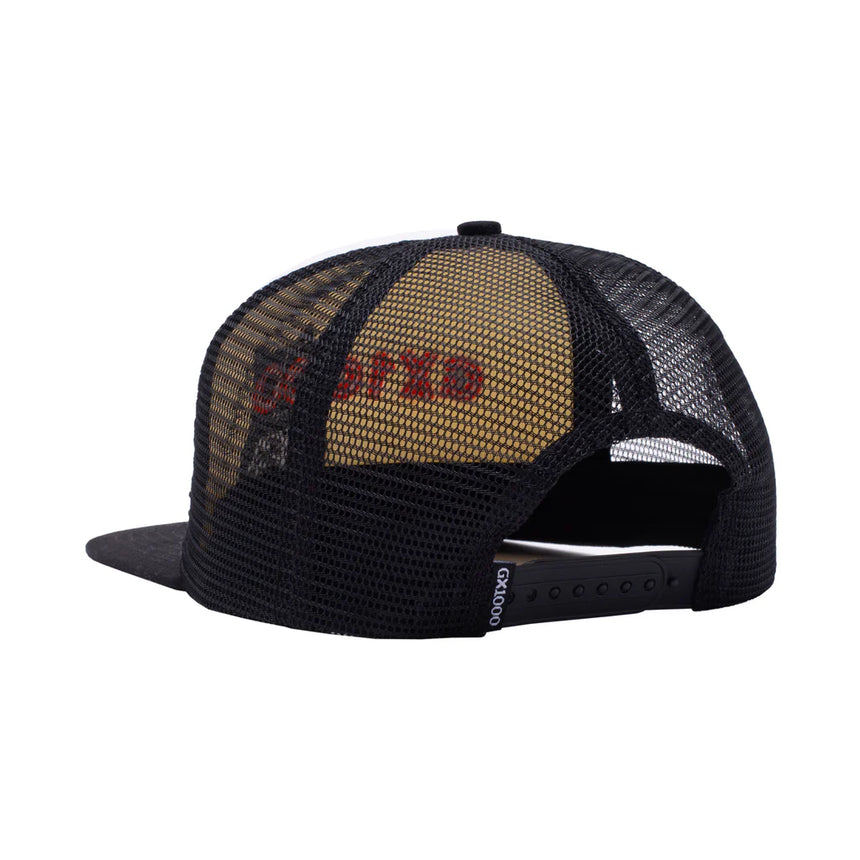 Black mesh cap with a patterned front panel on a white background