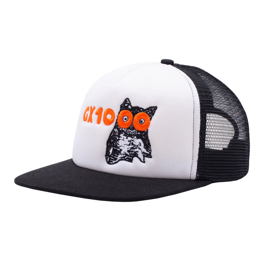 Trucker hat with black mesh back, white front panel, and black and orange text on a white background