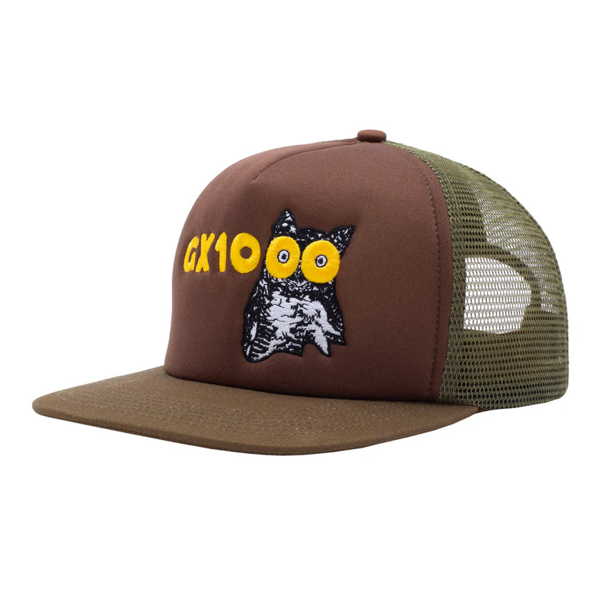 Brown and green mesh cap with owl design and 'GX100' text on a white background