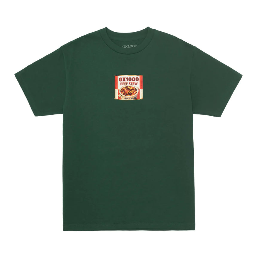 Green t-shirt with a small red and yellow label graphic on a white background