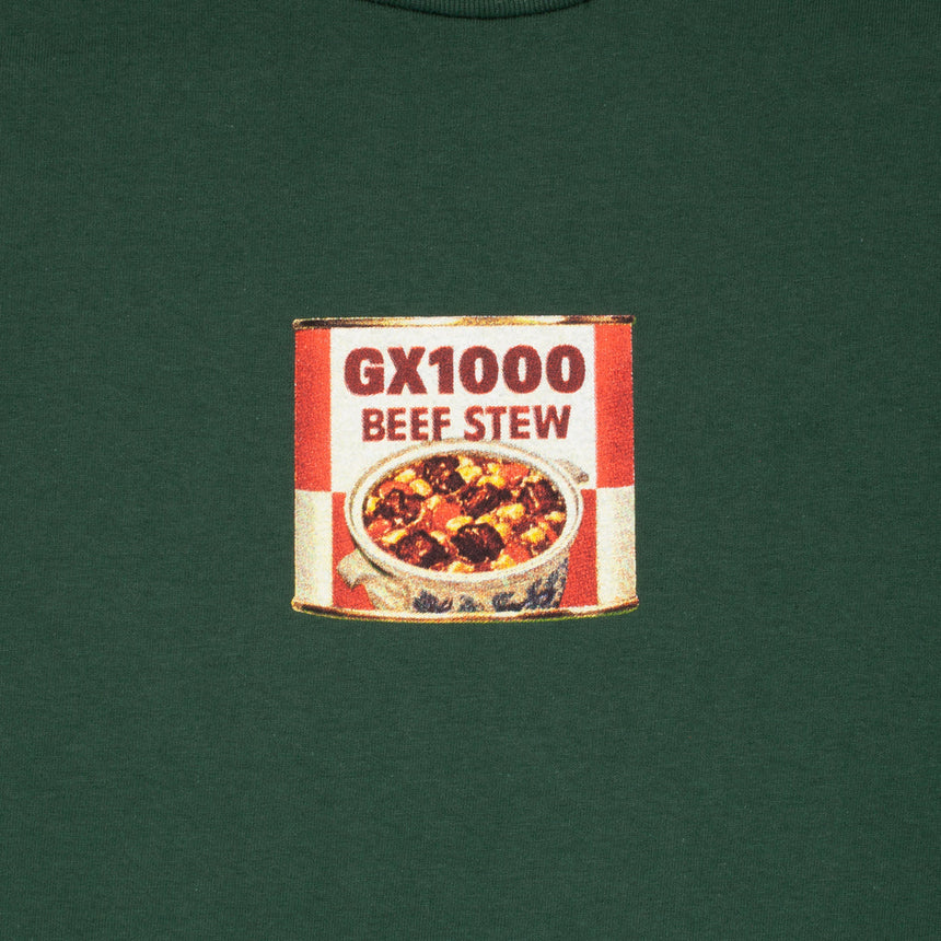 Vintage-style can of GX1000 Beef Stew on a green background