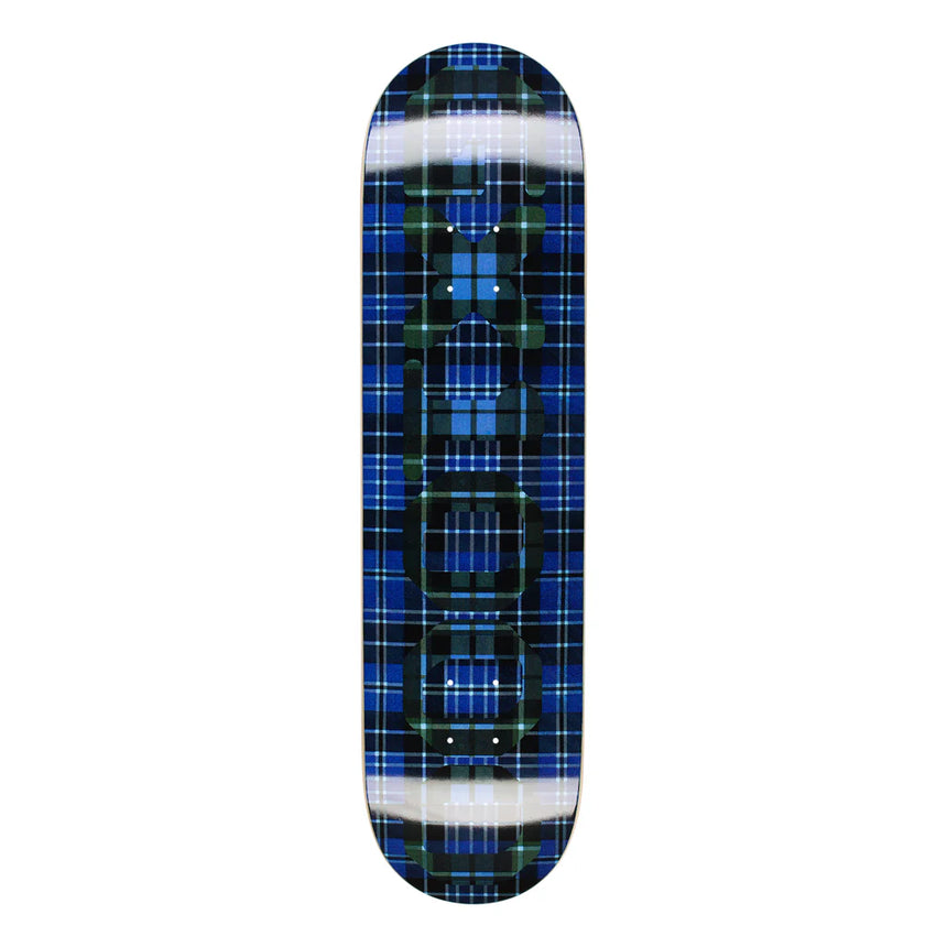 Skateboard deck with blue and green plaid pattern on a white background