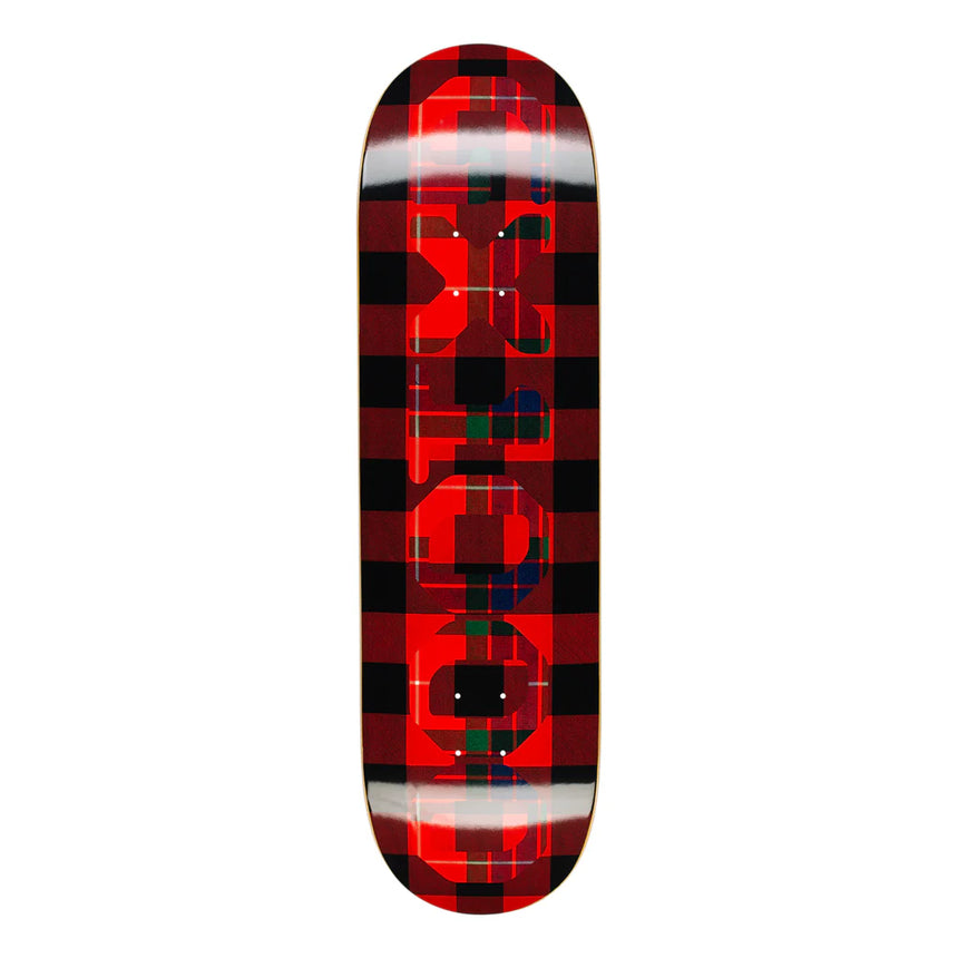 Skateboard deck with red and black plaid pattern on a white background